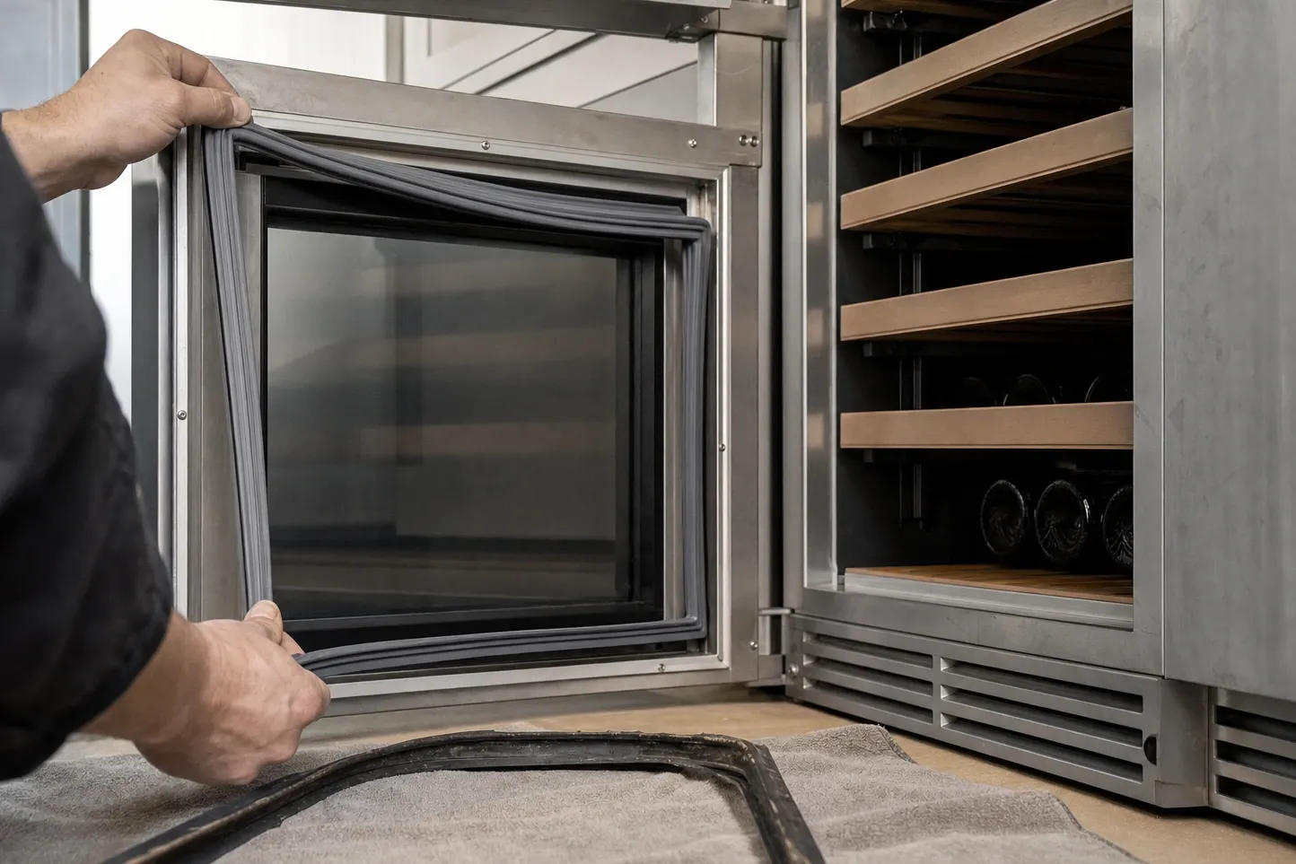 New door gasket being fitted to a glass cabinet door, an open wine cabinet with loaded wooden racks alongside