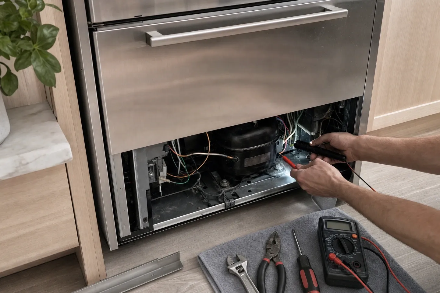 Hands with a flashlight and test probe at the compressor of an undercounter drawer unit, tools laid out on a towel