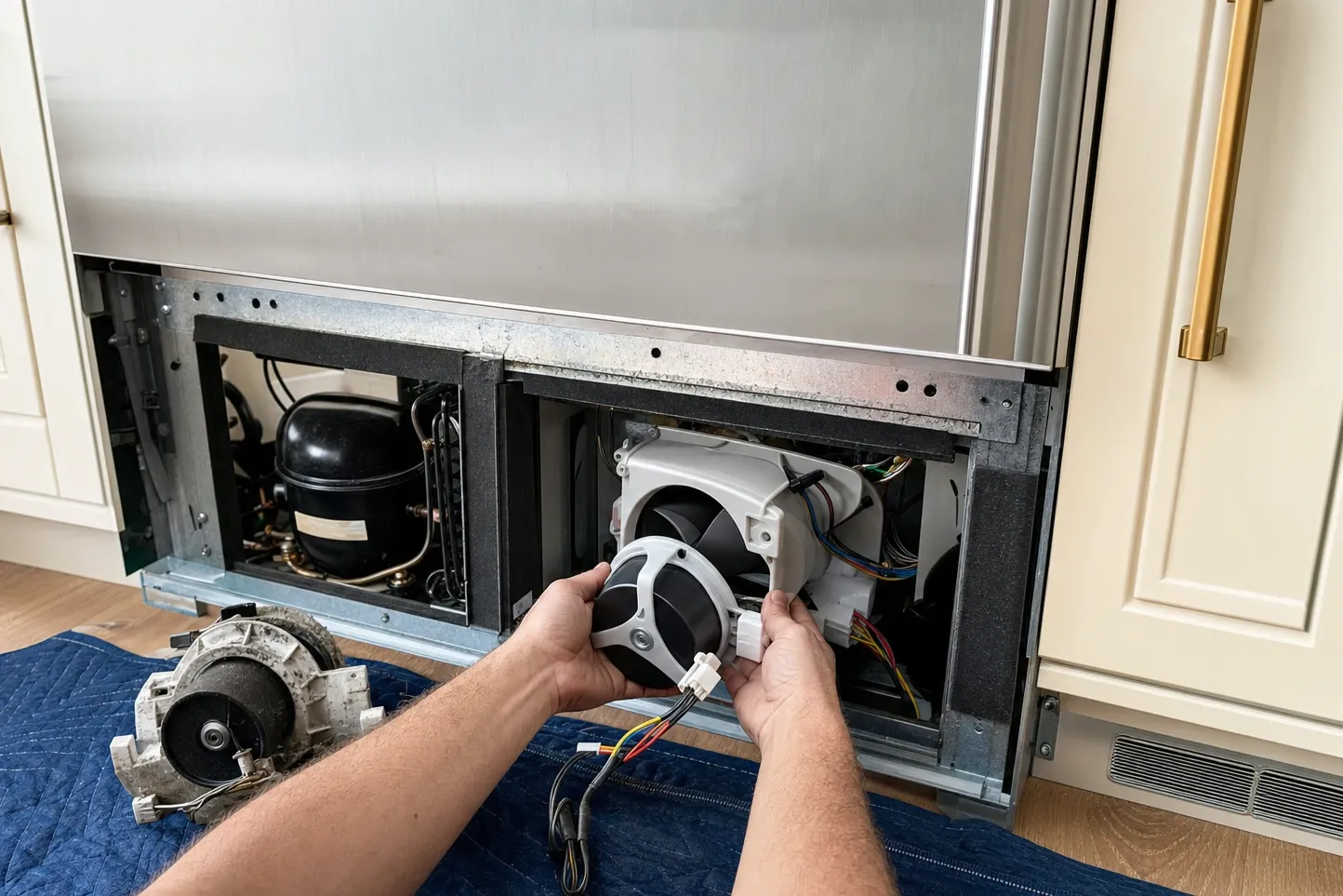 Hands lowering a new white condenser-fan assembly into a machine compartment, the dust-caked old fan alongside