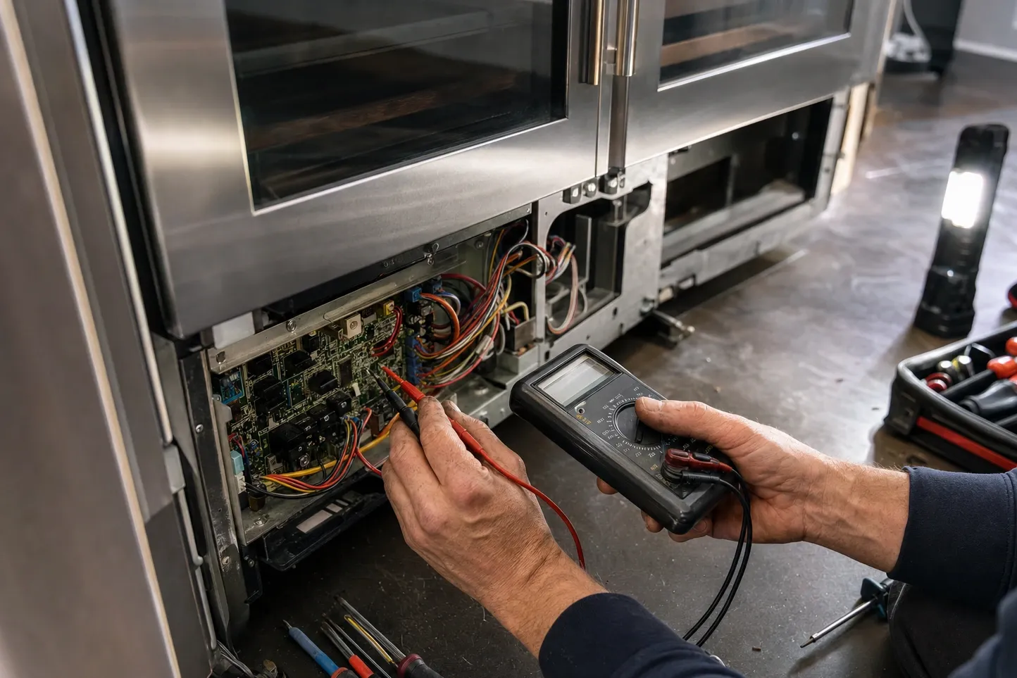 Meter probes at an exposed control board in the lower bay of a stainless glass-door cabinet, work light alongside