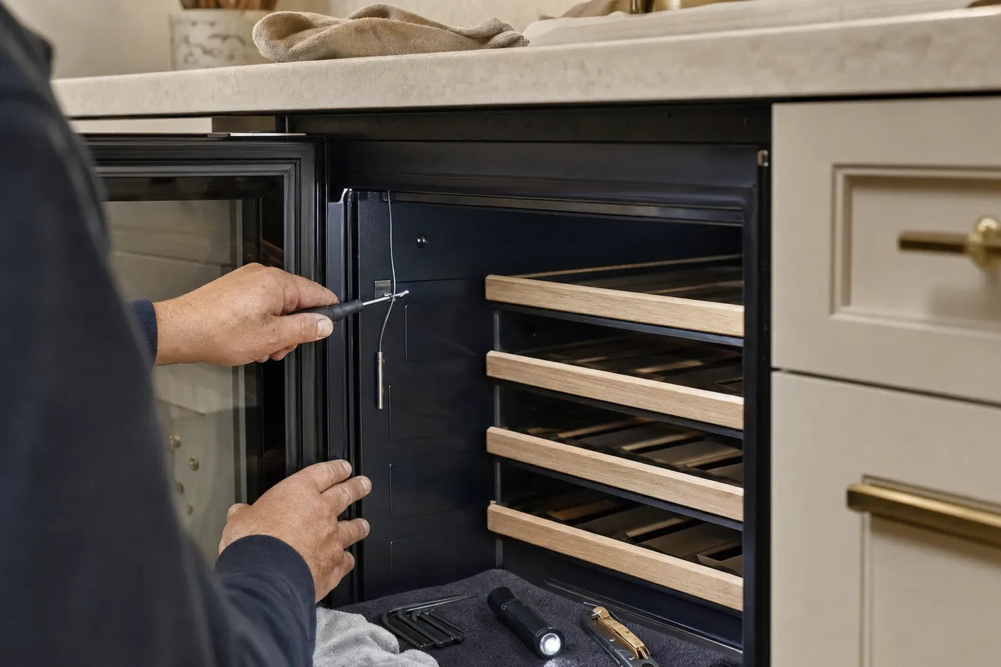 Screwdriver held at a small switch and its wire on the inner door pillar of an open undercounter glass-door cabinet